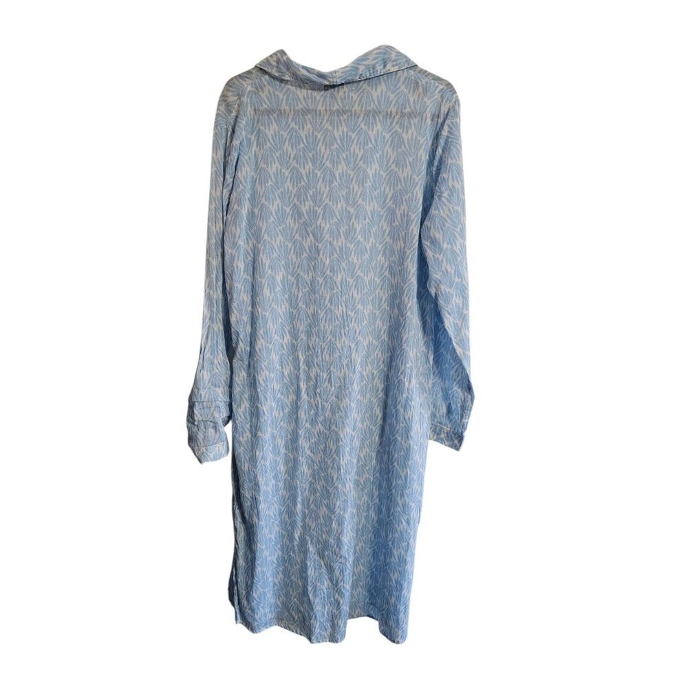 Terre Rouge Women Large Blue White Leaf Print Cotton Shirt Dress European Resort - Picture 3 of 7